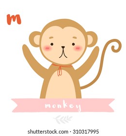 illustration of cute cartoon monkey with ribbon on white background. can be used for greeting cards and party invitations