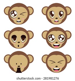 Illustration of a cute cartoon monkeys face in various emotions.