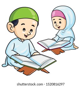 Illustration Cute Cartoon Moslem Kids Reading Stock Vector (Royalty ...