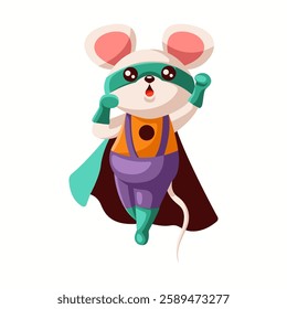 Illustration of a cute cartoon mouse dressed as a superhero wearing a vibrant cape and costume. The mouse appears to be in a dynamic pose, conveying energy and enthusiasm.