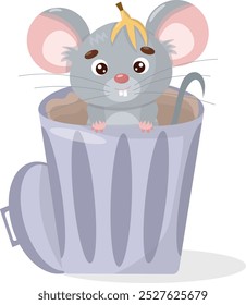 Illustration with cute cartoon mouse looking out of a trash can. Element for print, postcard and poster. Vector
illustration