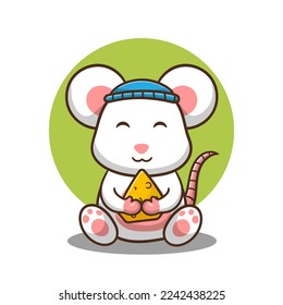 illustration of cute cartoon mouse sitting and bringing cheese, vector design.