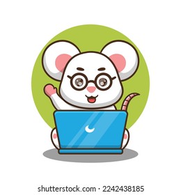 illustration of cute cartoon mouse working in front of laptop, vector design.