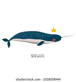 illustration of cute cartoon narwhal on white background. can be used like sticker or for other designs