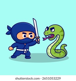 illustration of cute cartoon ninja fight with snake