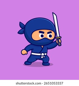 ilustração de ninja de desenho animado bonito com luta de espada