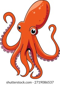 Ilustración de un lindo pulpo de dibujos animados con color naranja brillante, grandes ojos expresivos y tentáculos curvos con ventosas visibles.