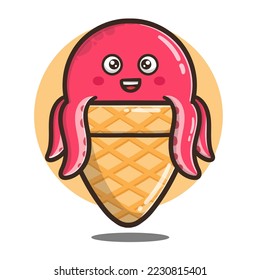 illustration of cute cartoon octopus ice cream good for sticker.