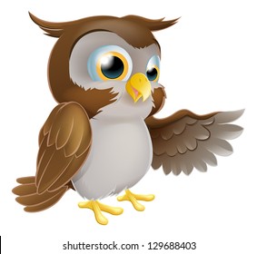 An illustration of a cute cartoon owl character pointing or showing something with his wing