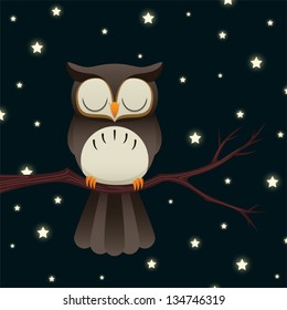 Illustration of a cute cartoon owl sleeping under a starry night sky. Eps 10 Vector.