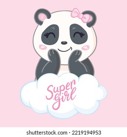 Illustration with cute cartoon panda. Illustration for the girl. Pink background.