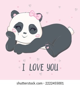 Illustration with cute cartoon panda. Illustration for the girl. Pink background.