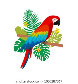 illustration of cute cartoon parrot on white background with tropical leaves. can be used like sticker or for other designs