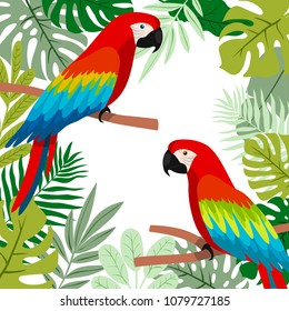 illustration with cute cartoon parrots into tropical leaves frame. cute summer wallpaper with parrots and tropical leaves