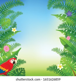 illustration with cute cartoon parrots into tropical leaves frame. 