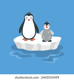 Illustration of cute cartoon penguin family on ice floe. Baby penguin, arctic animals. For card, poster, print. Vector illustration