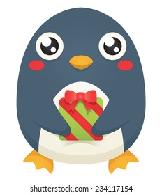 Illustration of a cute cartoon penguin holding a wrapped christmas gift. Eps 10 Vector.