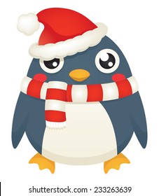 Illustration of a cute cartoon penguin wearing a santa hat and candy striped scarf. Eps 10 Vector.
