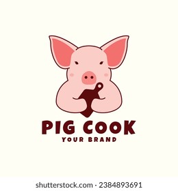 illustration of a cute cartoon pig icon with cooking utensils  animal design vector logo