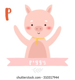 illustration of cute cartoon piggy with ribbon on white background. can be used for greeting cards and party invitations
