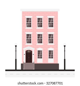 illustration of cute cartoon pink house with winter holidays wreath in New York style. vector flat buildings