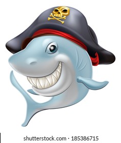 An illustration of a cute cartoon pirate shark wearing a crossbones hat