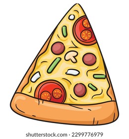 Illustration of cute cartoon pizza slice.