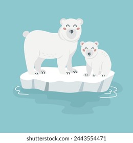 Illustration of cute cartoon polar bears family on ice floe. White baby bear, arctic animals. For card, poster, print. Vector illustration