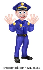 An illustration of a cute cartoon policeman character mascot waving with both hands or saying stop in a friendly way