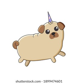 Illustration  of cute cartoon pug dog with unicorn horn. It can be used for card, sticker,  phone case, poster, t-shirt,  etc.