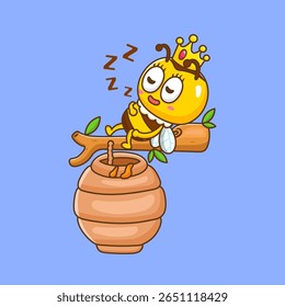 illustration of cute cartoon queen bee sleep on tree