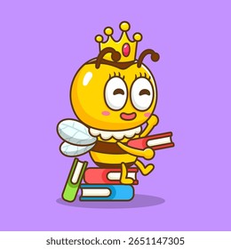 illustration of cute cartoon queen bee reading book