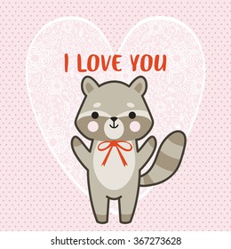 illustration of cute cartoon raccoon with heart in hands and love you to the moon and back text message on white background. cute valentine's day card