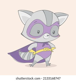 Illustration of a cute cartoon raccoon superhero