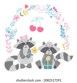 illustration with cute cartoon raccoons in a frame of leaves and flowers. For the design of posters, postcards, prints for mugs, pillows, childrens t-shirts. Vector graphics on a white background.