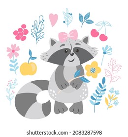 illustration with cute cartoon raccoons in a frame of leaves and flowers. For the design of posters, postcards, prints for mugs, pillows, childrens t-shirts. Vector graphics on a white background