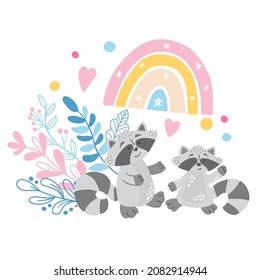 illustration with cute cartoon raccoons, rainbow, leaves and flowers. For the design of posters, postcards, prints for mugs, pillows, childrens t-shirts. Vector graphics on a white background.