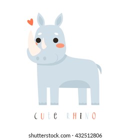 illustration of cute cartoon rhino on white background. can be used like sticker or for birthday cards and party invitations