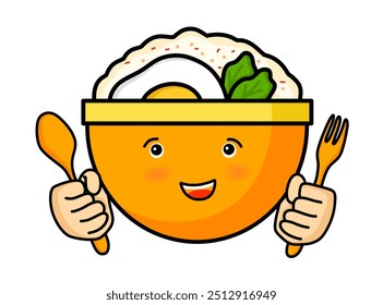 Illustration of cute cartoon rice bowl character holding spoon and fork. Kawaii rice bowl with egg topping. Japanese food. Mascot