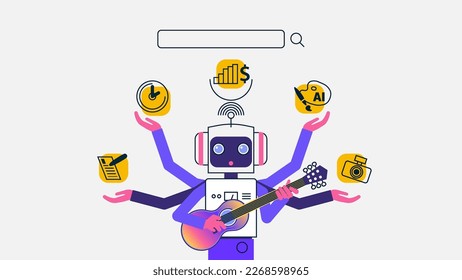 Illustration of a cute cartoon robot with multiple hands, each hand displaying popular search task icons on its palm, against a white background. A search bar with a magnifying glass is displayed on