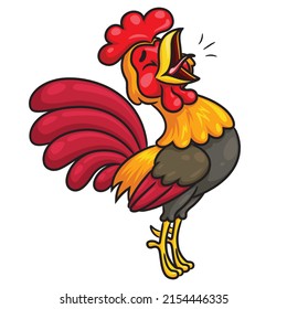 Illustration of cute cartoon of rooster crowing.