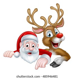 An illustration of a cute cartoon Santa and Christmas reindeer pointing at a sign