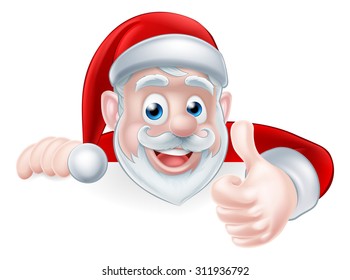 An illustration of a cute Cartoon Santa peeking over a sign giving a thumbs up in approval