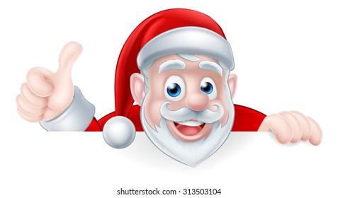 An illustration of a cute cartoon Santa peeking above a sign giving a thumbs up