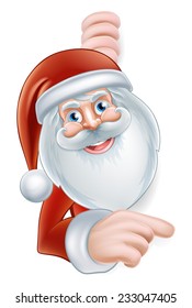 An illustration of a cute Cartoon Santa Pointing at a sign