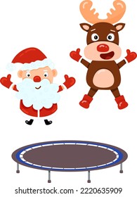 Illustration with cute cartoon Santa and reindeer Rudolph on a trampoline. Element for print, postcard and poster. Vector illustration