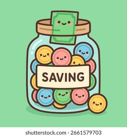 Ilustração de um bonito pote de poupança de desenhos animados com moedas sorridentes e uma nota de dólar, perfeito para ilustrações financeiras e conceitos de investimento isolados no fundo verde