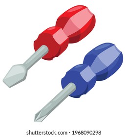 Illustration of cute cartoon screwdriver. Screwdriver in two colours on white.