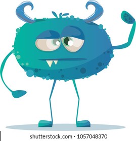 illustration of a cute cartoon serious blue monster