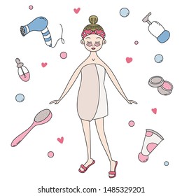 Illustration of cute cartoon set with girl and cosmetics. Spa procedure. Cream or lotion, serum, shampoo, hair dryer, soap and body brush, washcloth. Doodle style. Vector version.
